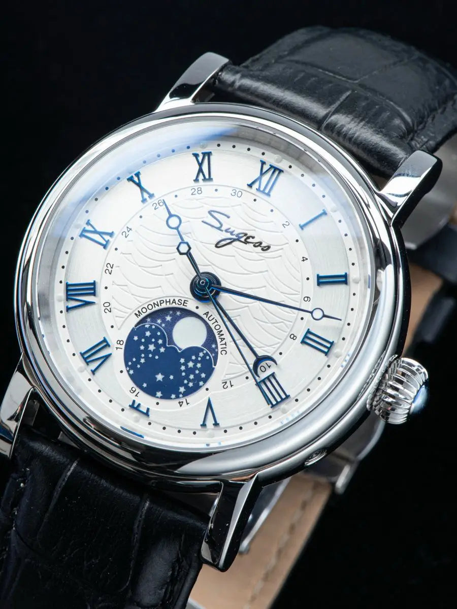 Sugess Watches for Men Automatic Mechanical Watch Moonphase Tianjin ST2108 Waterproof Date Hands Sapphire Crystal Rome Wave Dial