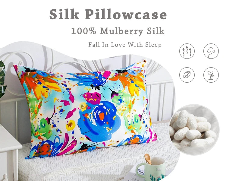 New 100% Nature Mulberry Floral Silk Pillowcase Zipper Pillow Case For Healthy Standard Queen King