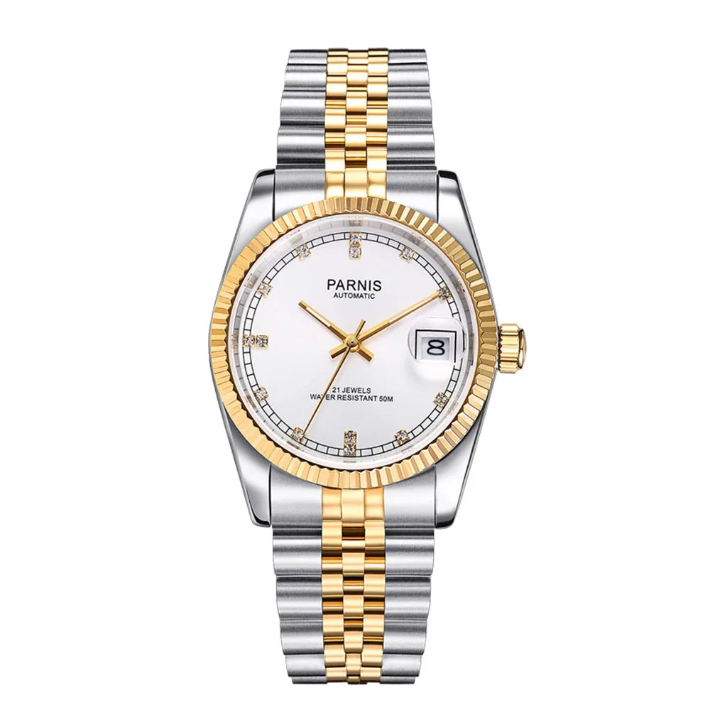 Parnis 36mm Gold Color Luminous Mark Automatic Men's Wristwatch 5 ATM Stainless Steel Jubilee Bracelet