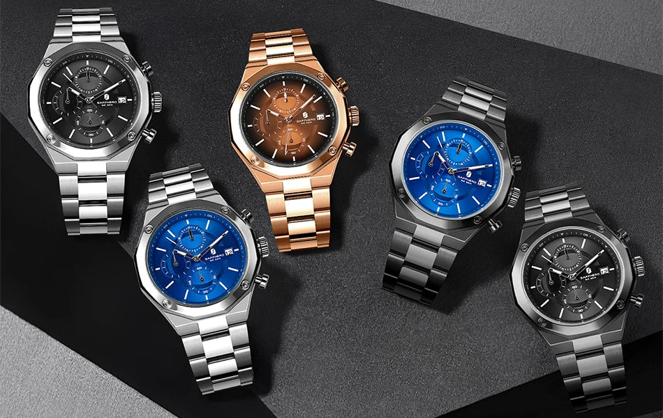 SAPPHERO Rose gold Watch Mens Watch Luxury  Stainless Steel Quartz Watch Business Waterproof Luminous Calendar Wristwatch Gift