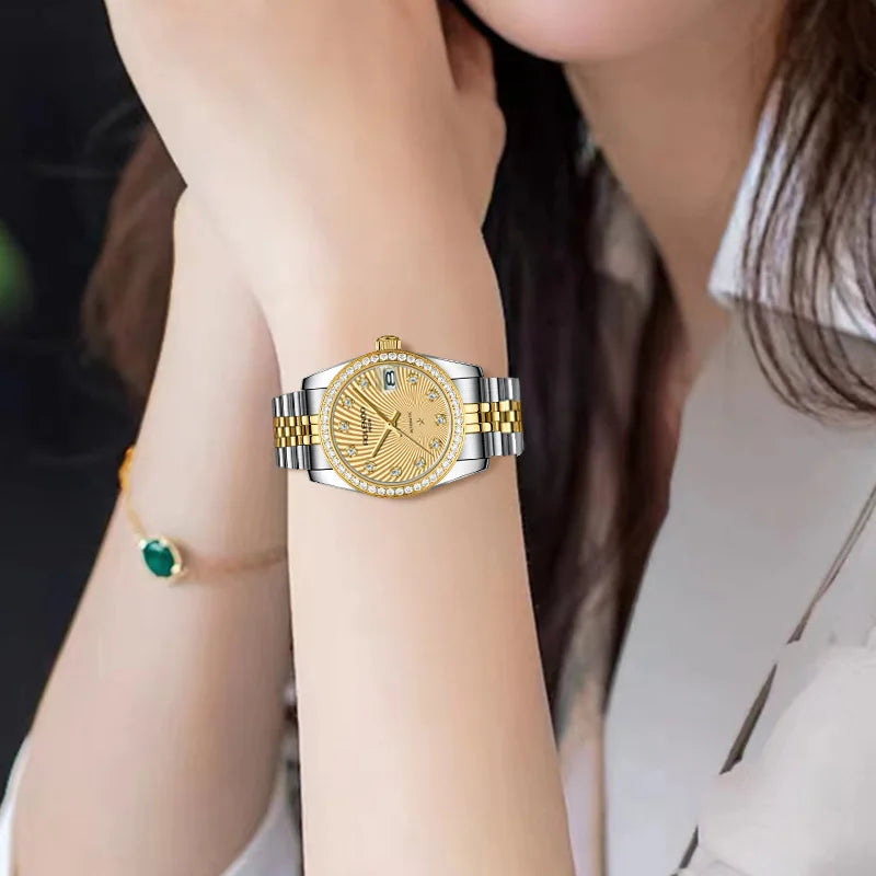 ROLENDO Classic Date Watches for Woman 32mm Sapphire Crystal 30ATM Butterfly Buckle Gold Luxury Diamond-set Automatic Wristwatch