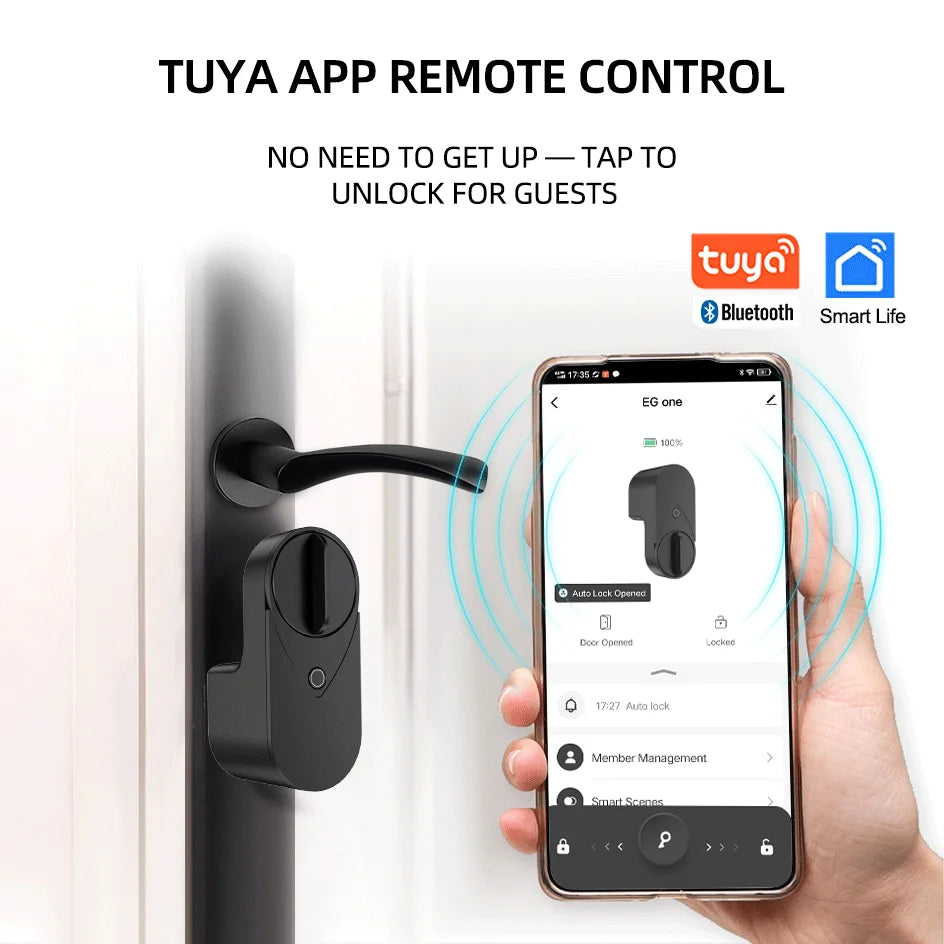 Smart lock with Tuya Bluetooth, fingerprint, password, and IC card unlocking; no drilling required for installation.