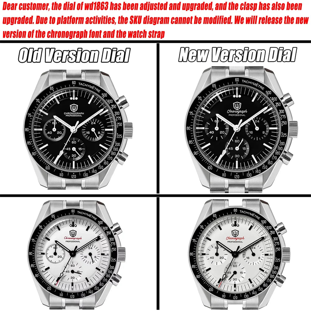 Watchdives New WD1863 Watch VK63 Chronograph Movement Aluminum Bezel BGW9 Luminous Bubble Sapphire Crystal 39mm Vintage Watches