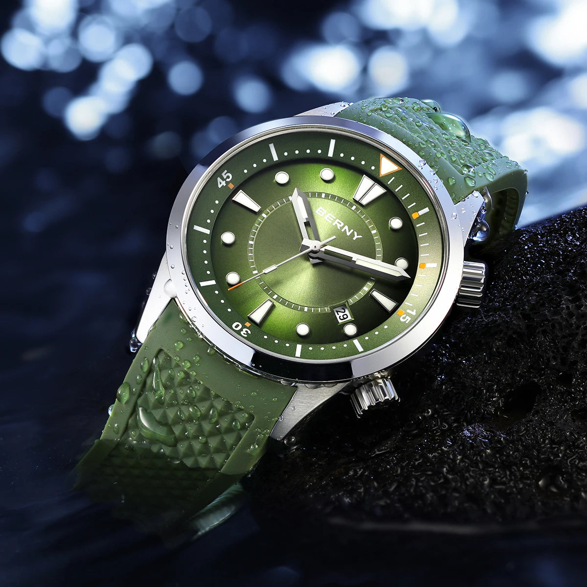 BERNY Automatic Diver Men Watch 200M Waterproof Miyota 8215 Sappire AR Coated Silicone Sports Swim Wristwatch Men's Diver Watch