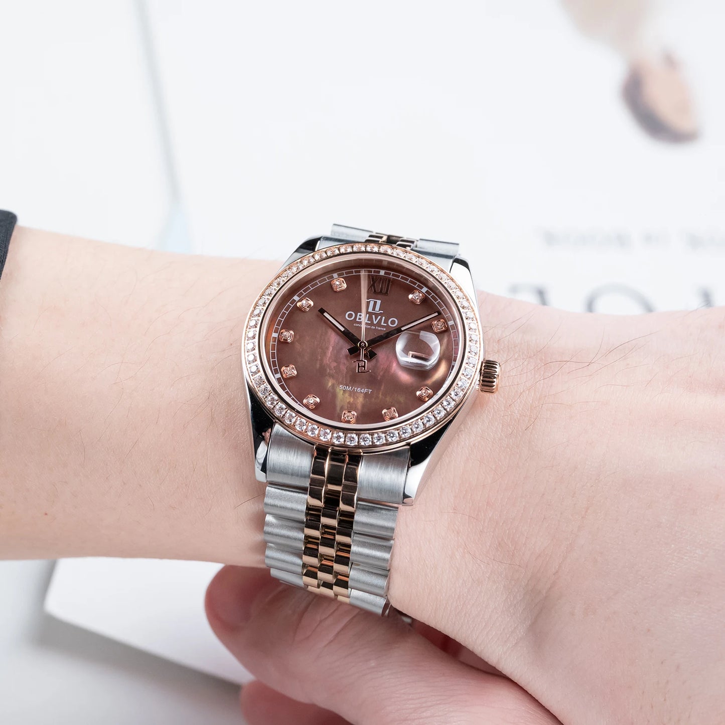 OBLVLO Men's Elegant Diamonds Bezel Two Tone Bracelet Quartz Watch with Date Fashion MOP Dial Business Watches for Men RX-PE-D