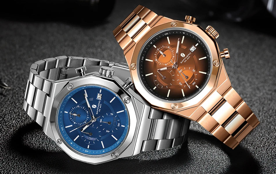 SAPPHERO Rose gold Watch Mens Watch Luxury  Stainless Steel Quartz Watch Business Waterproof Luminous Calendar Wristwatch Gift