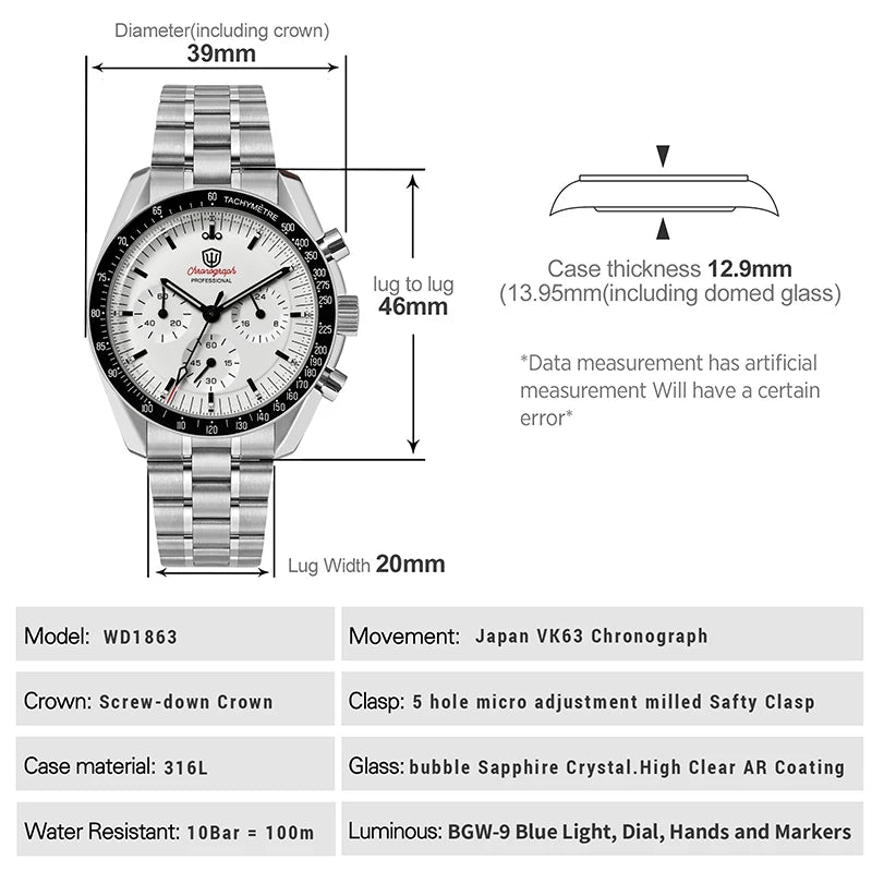 Watchdives WD1863 Men Watch 10Bar Waterproof Sapphire Crystal 39mm Quartz Watch VK63 Movement Vintage Watch with Gift Box
