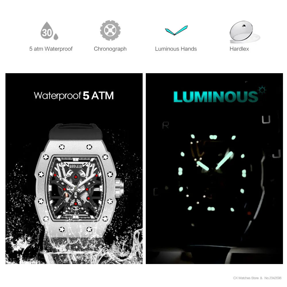 BAOGELA Black Stainless Steel Watch Men Military Sport Analog Quartz Wristwatch with Silicone Strap Luminous Hands Relogio 4147