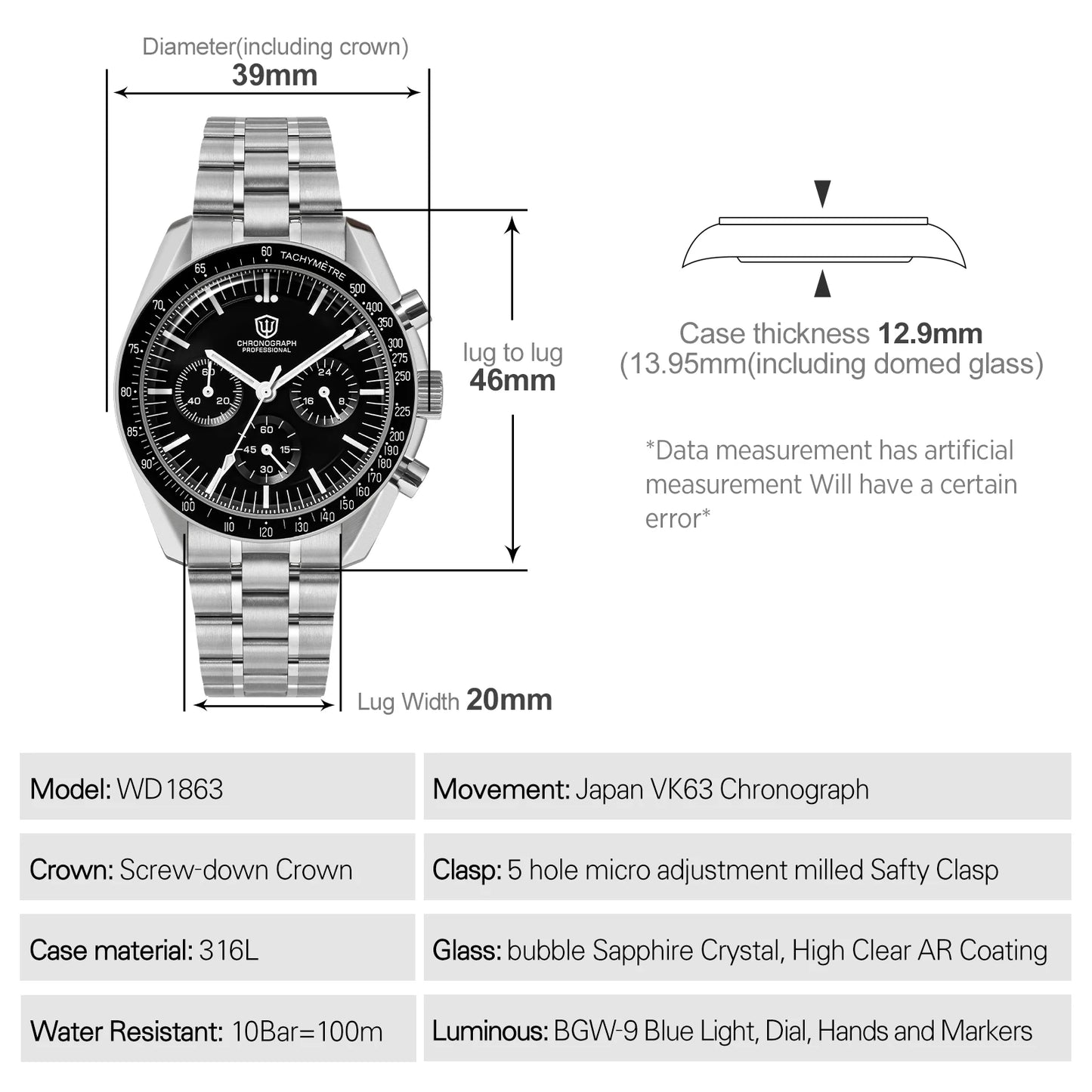 Watchdives WD1863 VK63 Quartz Chronograph Movement Bubble Sapphire Crystal 100m Waterproof Luminous 39mm Vintage Watches