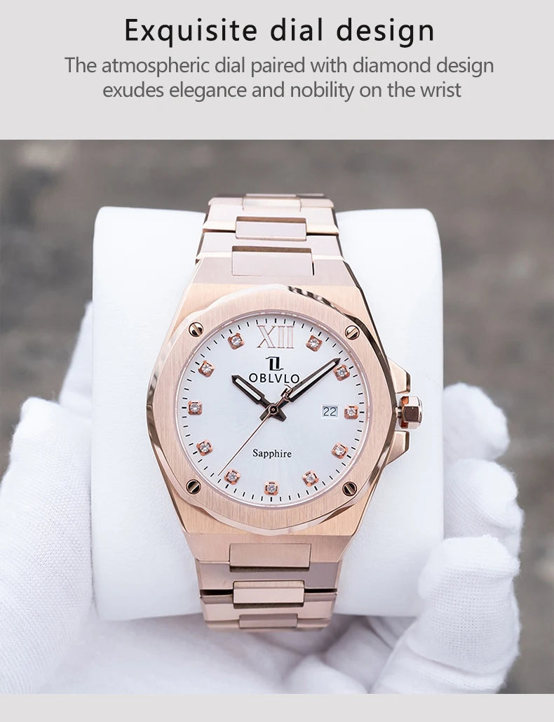 OBLVLO Herren-Armbanduhr mit achteckiger Lünette, blauem Zifferblatt, Datumsanzeige, Quarzwerk, wasserdicht, ideal für Paare (AWM)