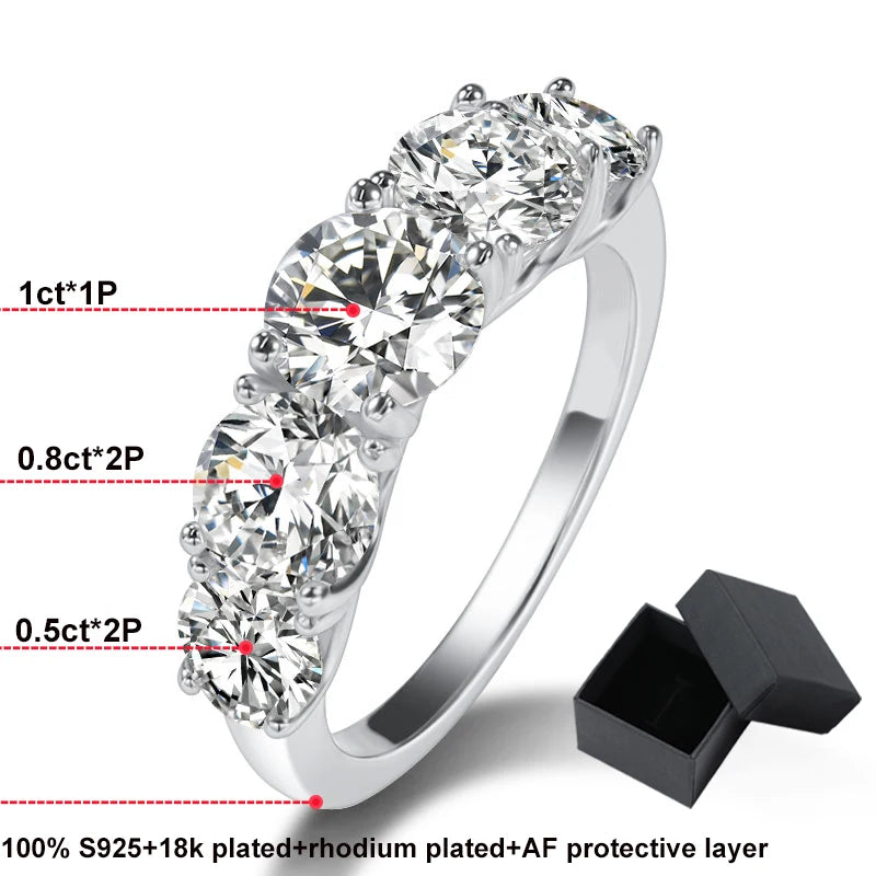 Smyoue 18k Plated 3.6CT All Moissanite Rings for Women 5 Stones Sparkling Diamond Wedding Band 100% S925 Sterling Silver Jewelry