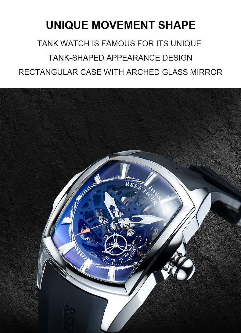 Reef Tiger Men's 316L Stainless Steel Skeleton Automatic Watch Wine Barrel Hollow Waterproof Mechanical Sport Watches RGA3069-S
