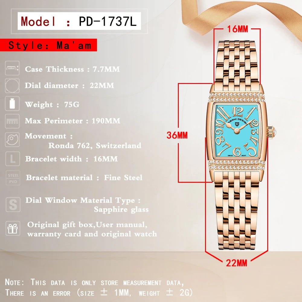 Pagani Design New 22mm Square Women's Quartz Watch Stainless Steel Sapphire Glass 50m Waterproof Women's Quartz Watch