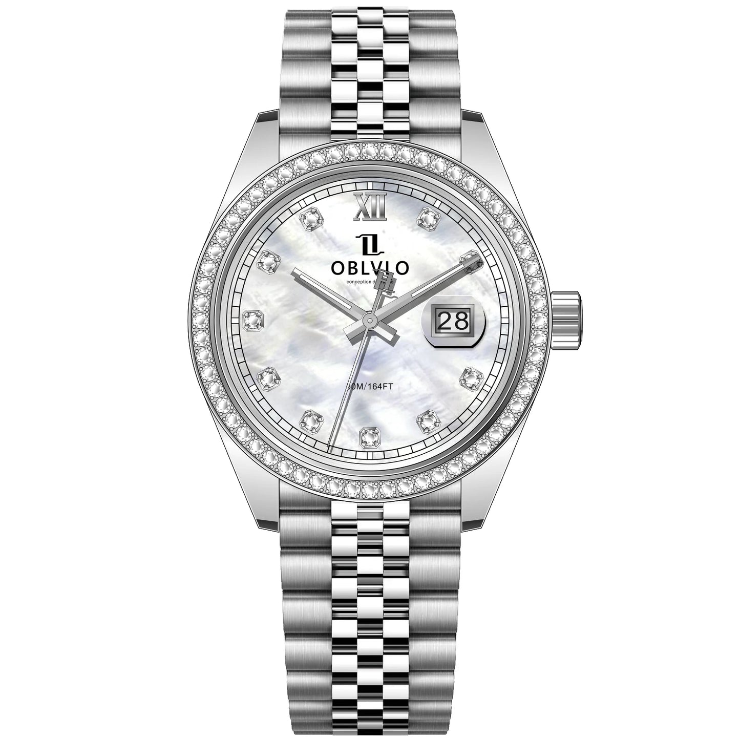 OBLVLO Men's Elegant Diamonds Bezel Two Tone Bracelet Quartz Watch with Date Fashion MOP Dial Business Watches for Men RX-PE-D