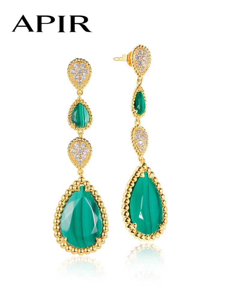 APIR Bohemian Blue Green Chalcedony Water Drop Woman's Earrings 18K White Gold Plated   Dance Party Wedding Luxury Long earrings