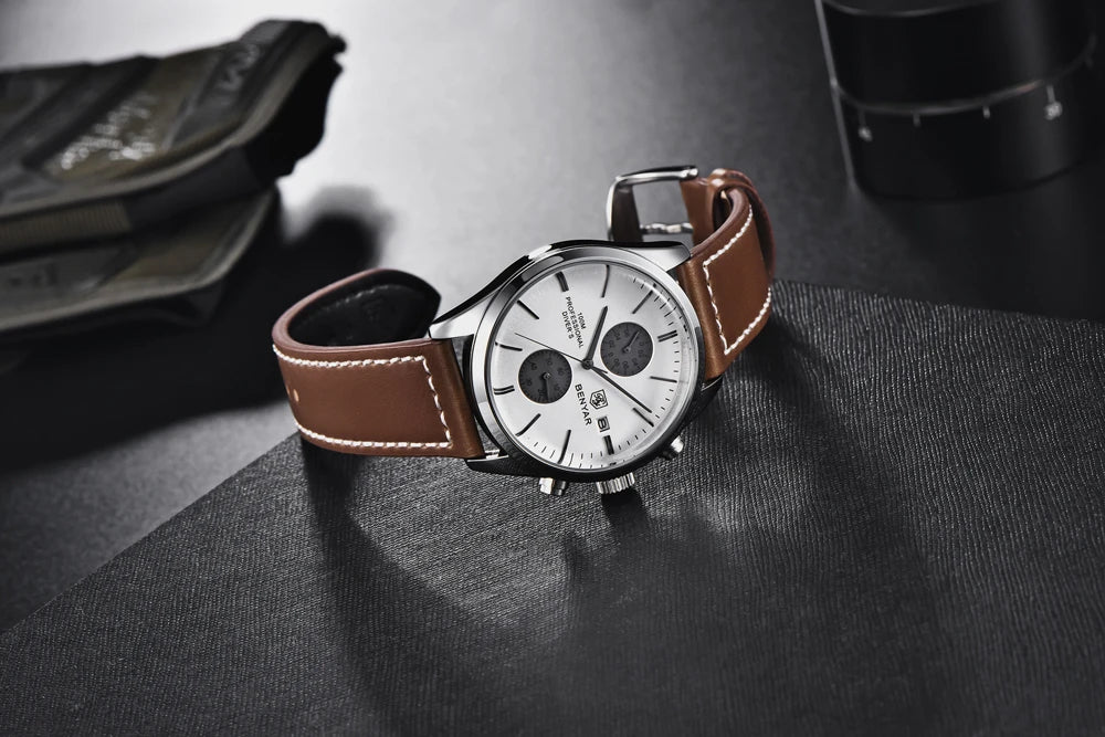 BENYAR Men Quartz Wristwatches Luxury Brand Chronograph Leather Sports Watch For Men Military 100M Waterproof Reloj Hombre 2023