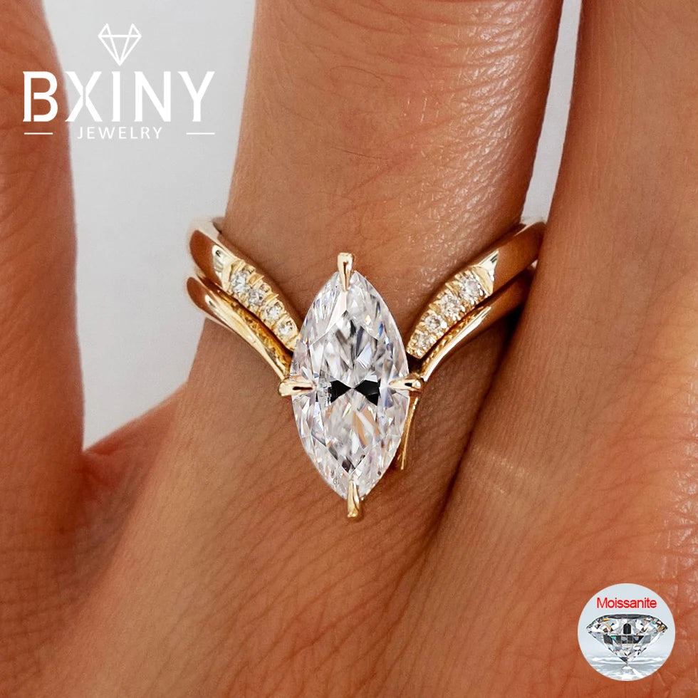 BXINY Marquise Cut Moissanite Ring Set S925 Silver Plate 18K Gold for Women GRA Certified Lab Diamond Wedding Band Gifts Jewelry