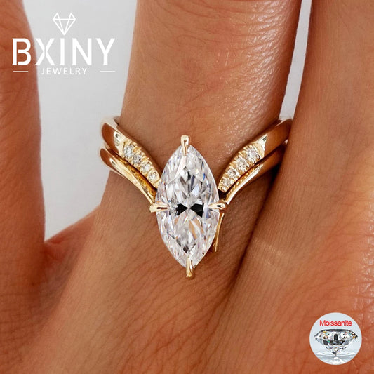 BXINY Marquise Cut Moissanite Ring Set S925 Silver Plate 18K Gold for Women GRA Certified Lab Diamond Wedding Band Gifts Jewelry