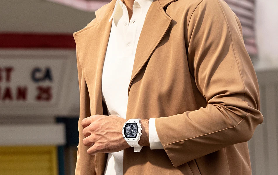 TSAR BOMBA Resin Watch for Men Tonneau Waterproof Mens Watches Top Brand Luxury Chronograph Sport Male White Wristwatches