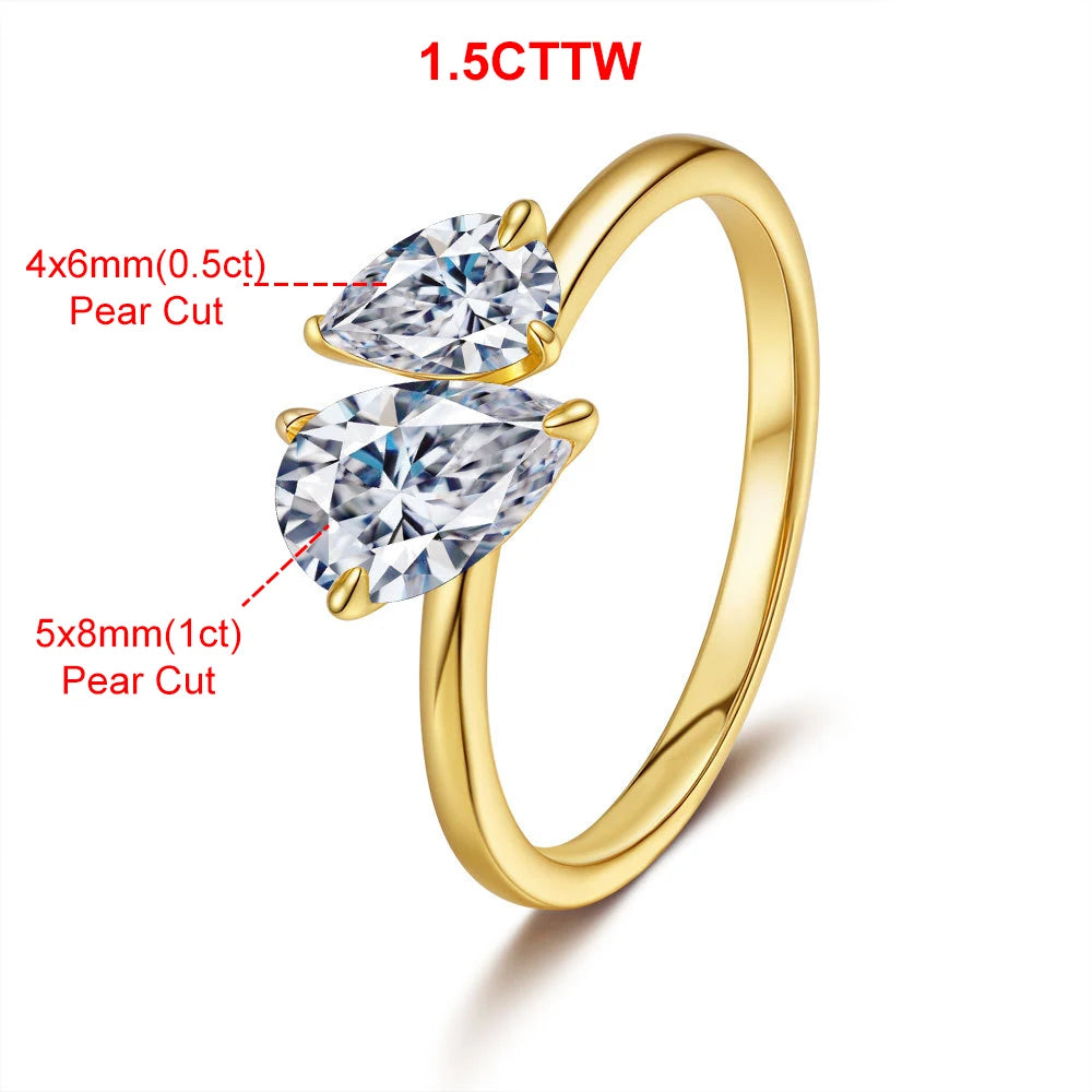 1.5cttw Double Pear Cut Moissanite Diamond Ring for Women Two Stone Toi Et Moi Wedding Bands 925 Silver 18k Gold Plated Jewelry