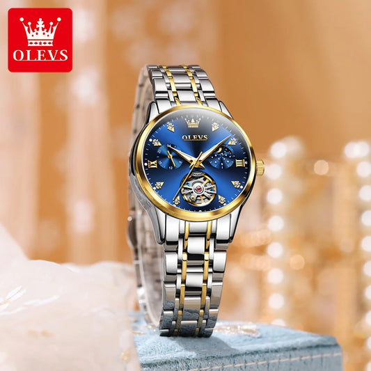 OLEVS 6608 Womens Watch Automatic Mechanical Business Wristwatch Waterproof Stainless Steel  Watch for Women Skeleton Calendar