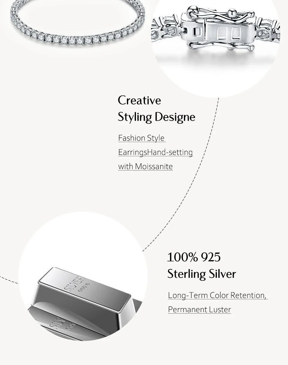 ATTAGEMS 4.0mm 5.0mm DVVS1 Pass Diamond Test Round Cut Moissanite Tennis Bracelet White Gold Plated 925 Silver Jewelry for Women