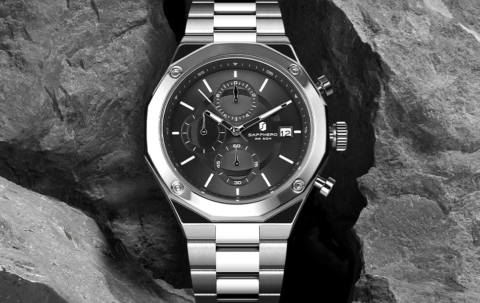 SAPPHERO Rose gold Watch Mens Watch Luxury  Stainless Steel Quartz Watch Business Waterproof Luminous Calendar Wristwatch Gift