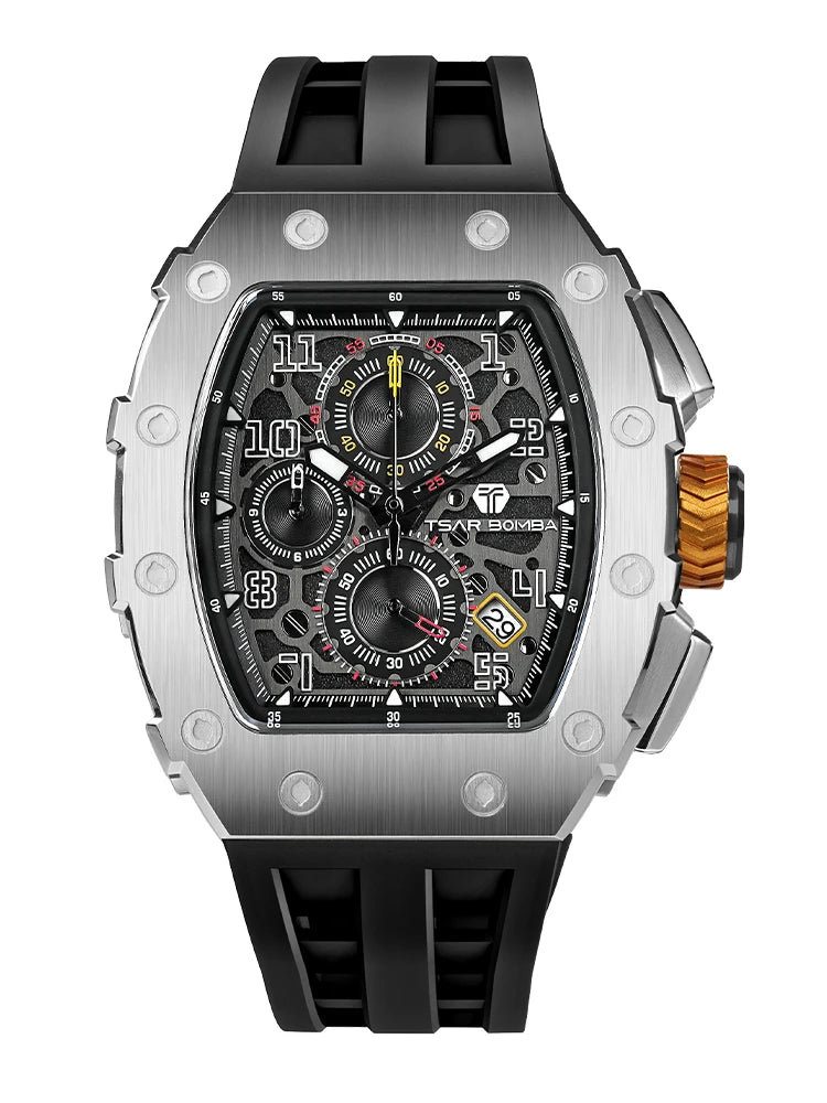 TSAR BOMBA Tonneau Mens Watches Sapphire Crystal Red Wristwatch Waterproof Chronograph Date Clock Luxury Christmas Gift for Men