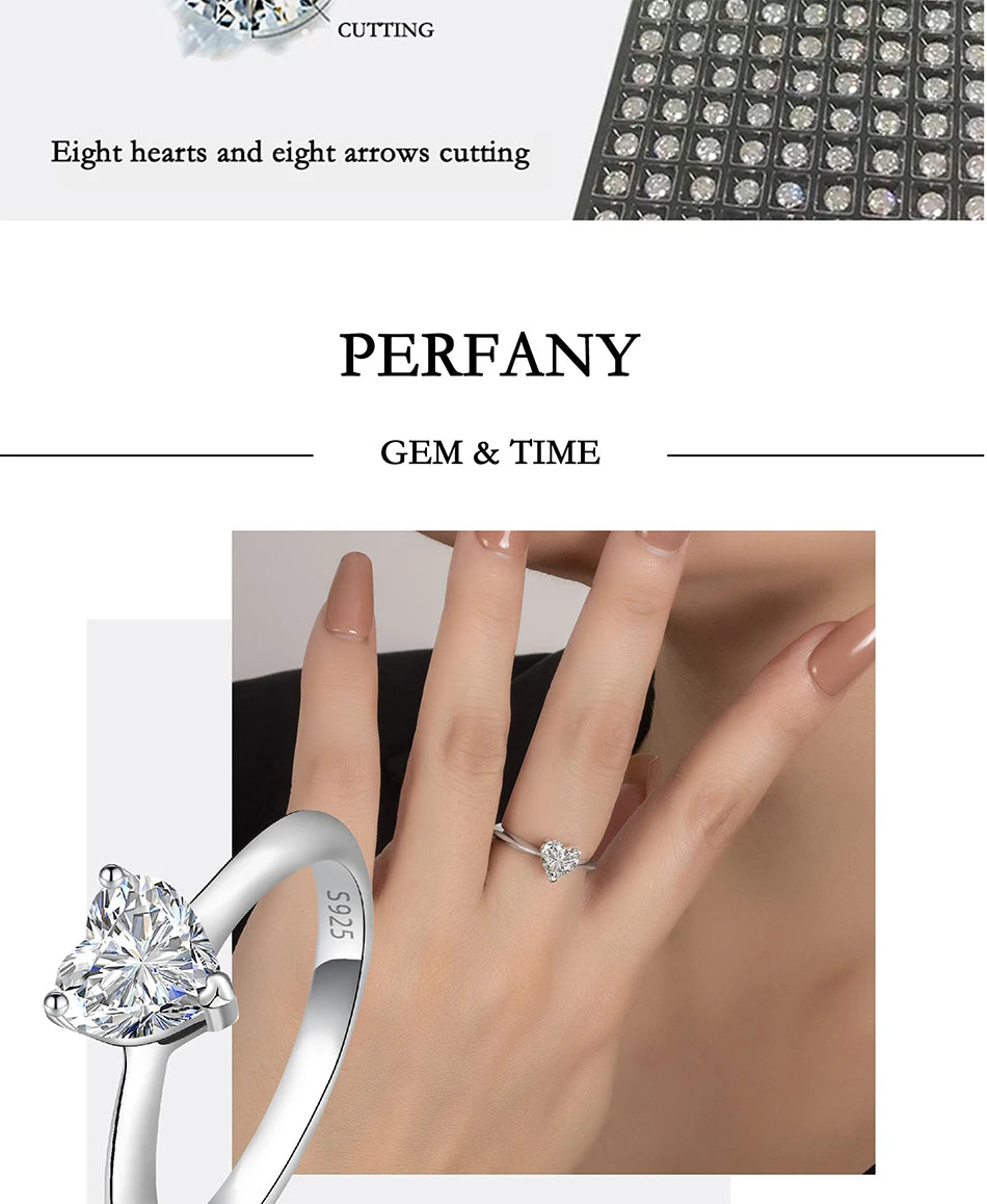 PERFANY 0.5/1/2CT Heart-Shaped Cut Moissanite Women's Ring S925 Pure Silver Laboratory Certified Diamond Wedding Luxury Jewelry