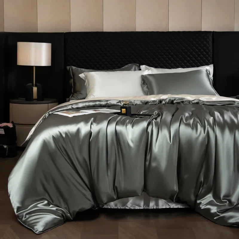 Silk Bed Sheets Set Luxury Bedding Set with Duvet Cover Fitted/Flat Bedheet Pillowcases Mixed with Rayon King Queen Full Twin