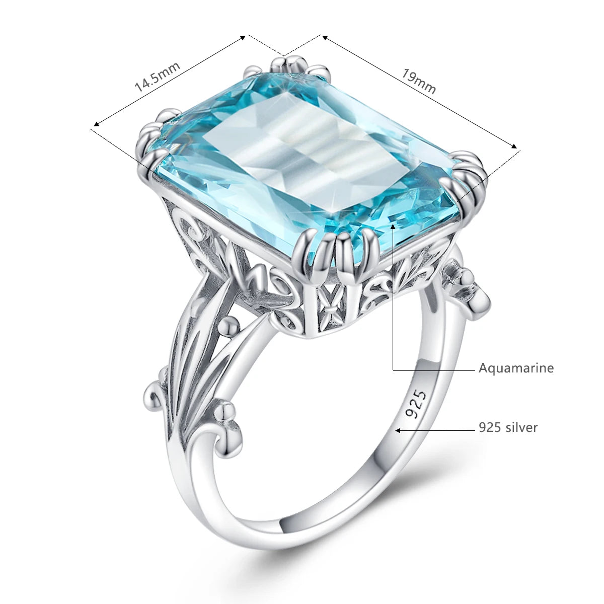 Unique 100% 925 Sterling Silver Aquamarine Ring For Women Vintage Filigree Persian Design Ring Anniversary Fine Jewelry Gifts