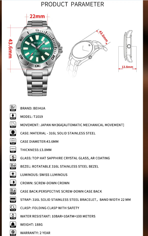 BEIHUA Men Automatic Watch Luminous Whole Night Super Bright C3 Japan TOP Mov't 24Jewels Day Date Sapphire  Luxury Gift Military