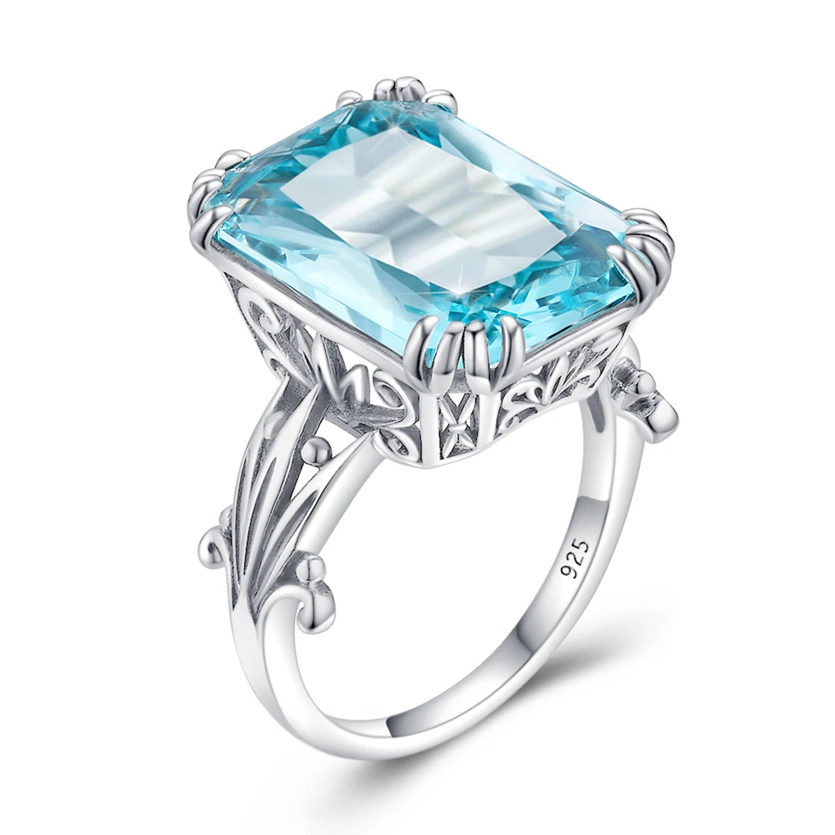 Unique 100% 925 Sterling Silver Aquamarine Ring For Women Vintage Filigree Persian Design Ring Anniversary Fine Jewelry Gifts