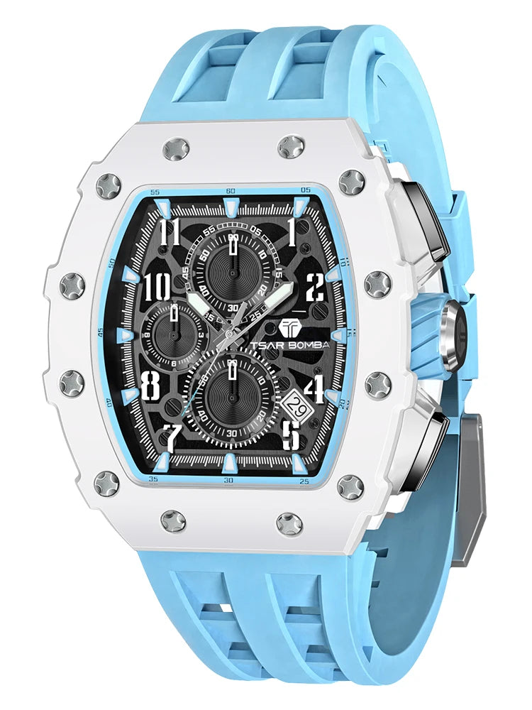 TSAR BOMBA Watch for Men Top Brand Luxury Waterproof Quartz Wristwatch Tonneau Clock Gift Chronograph Rectangle Mens Watch