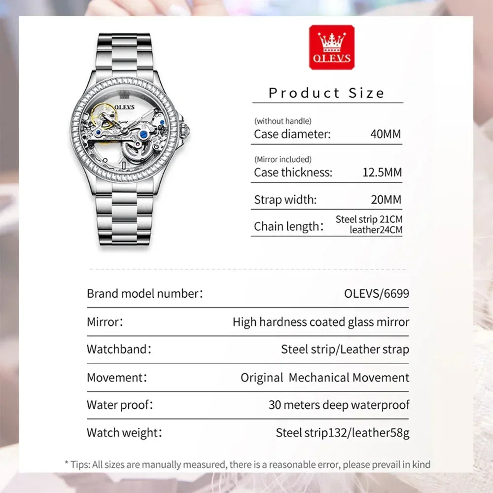 OLEVS Fully Hollow Watch for Women Automatic Mechanical Women's Watches Luminous Luxury Stainless Steel Diamond Inlay Wristwatch