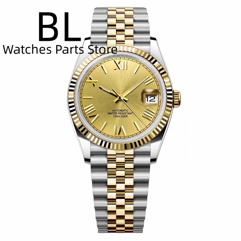 BLIGER 36mm39mm Two-tone Rose Gold Black Dial Watch For Men Date Fluted Bezel Sapphire Glass Rose Roman Index Jubille Bracelet