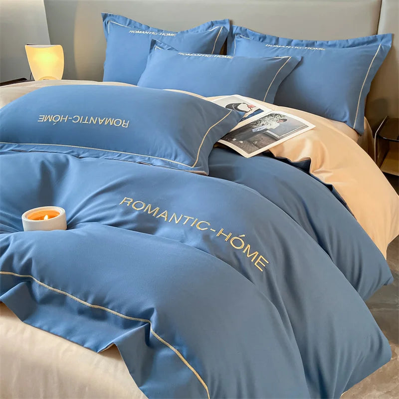 1 Set Cotton Bedding Set with Duvet Cover Bed Sheet Pillowcase Luxury  Bedsheet Solid Color King Queen Full Twin Size