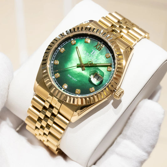 OBLVLO Men's Elegant Yellow Gold Red Dial Bracelet Quartz Watch with Date Fashion Green Dial Business Watches for Men RX-PE