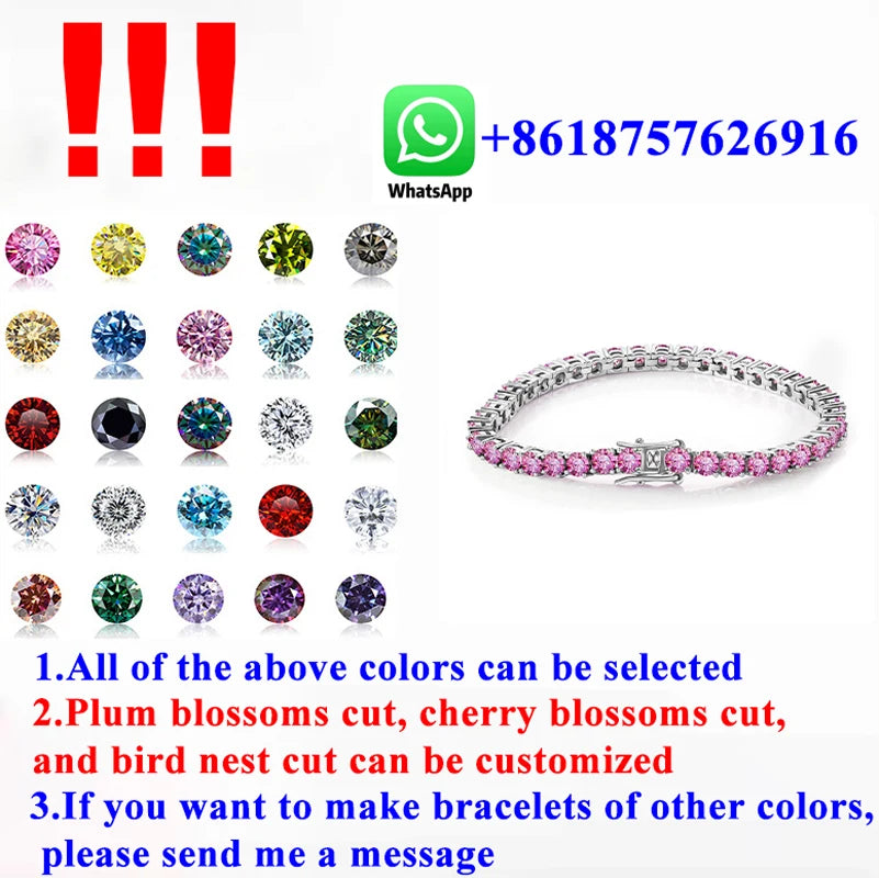 3MM Pink Full Moissanite Tennis HipHop Blue Green Yellow Purple Bracelet S925 Sliver Plated White Gold Bracelet for Women Men