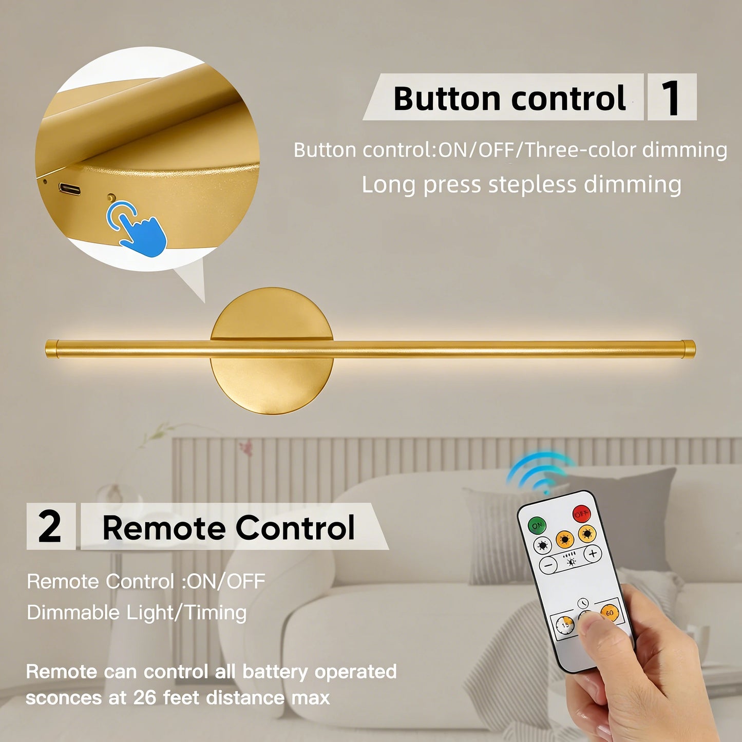 Battery Operated Wall Sconce Wireless LED Light 5v  with Remote Control USB Rechargeable Wall Lights for Bedroom Living Room