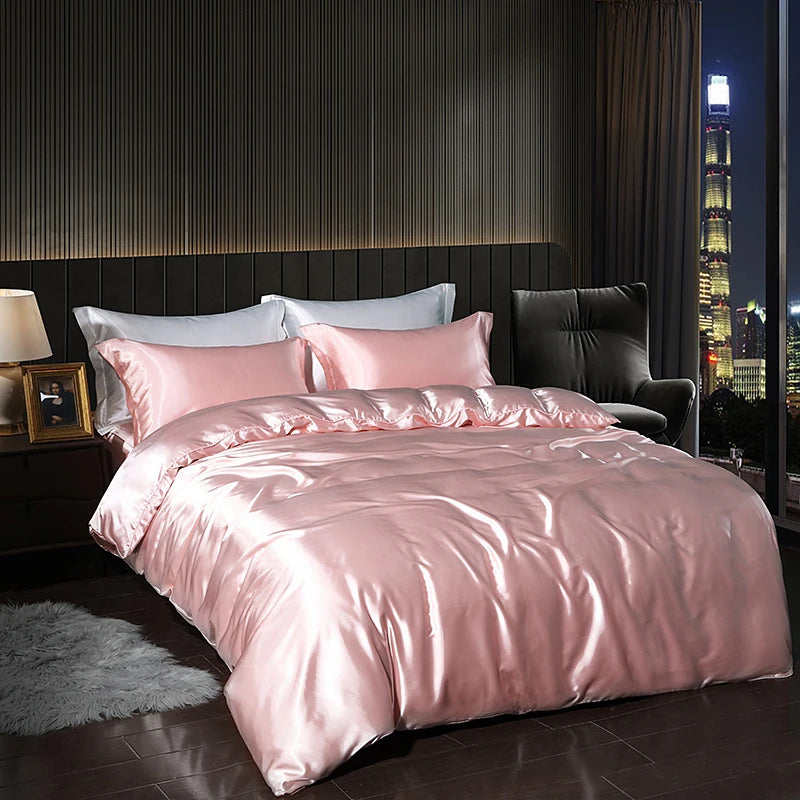 Luxury Satin  Bedding Set With Flat Sheet Duvet Cover High End Bedding Set  High Density Satin  Solid Color Bedding