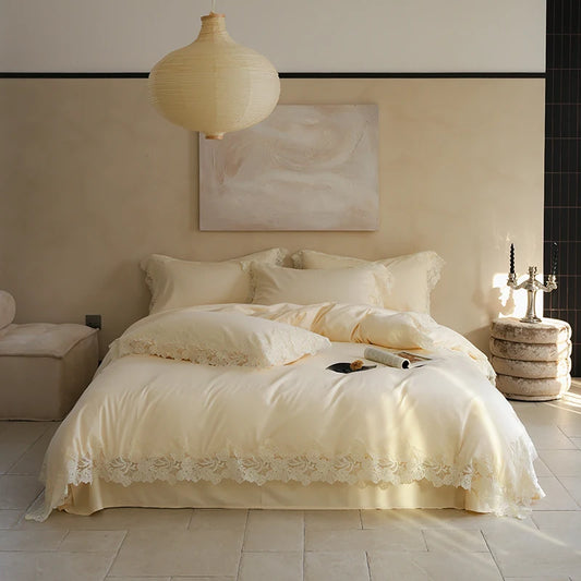 Luxury Bedding Set Cream Color Queen Size Bedroom Decor Soft Comfortable Elegant Design For Women And Couples Princess Bed Sheet