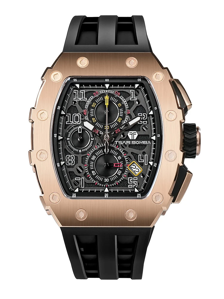 TSAR BOMBA Tonneau Mens Watches Sapphire Crystal Red Wristwatch Waterproof Chronograph Date Clock Luxury Christmas Gift for Men