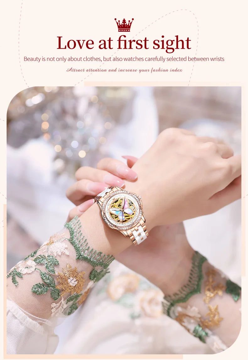 OLEVS 6615 Womens Watch Original Bezel Ceramic Mechanical Automatic Wristwatch Waterproof Luminous Ladies Watch Butterfly Dial