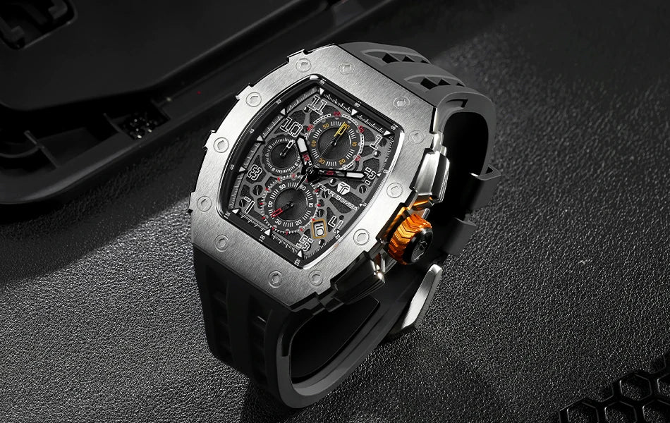 TSAR BOMBA Tonneau Mens Watches Sapphire Crystal Red Wristwatch Waterproof Chronograph Date Clock Luxury Christmas Gift for Men
