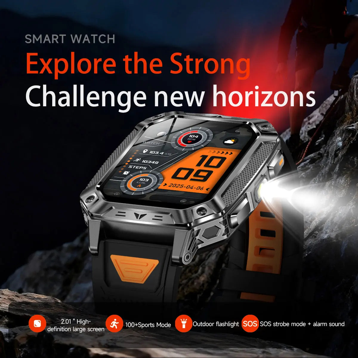2026 New Military outdoor 1400mAh Battery SmartWatch Men Waterproof Call 2.01" HD AMOLED Sports Heart rate Flashlight Smart Band