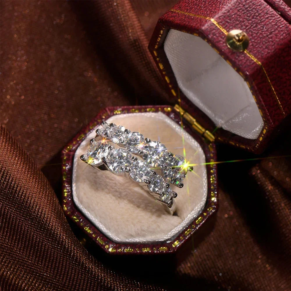 FEOBUR 3.26CT 10 Gems Full Moissanite Rings for Women 925 Sterling Silver Sparkling Lab Diamond Wedding Band Tail Ring Jewelry