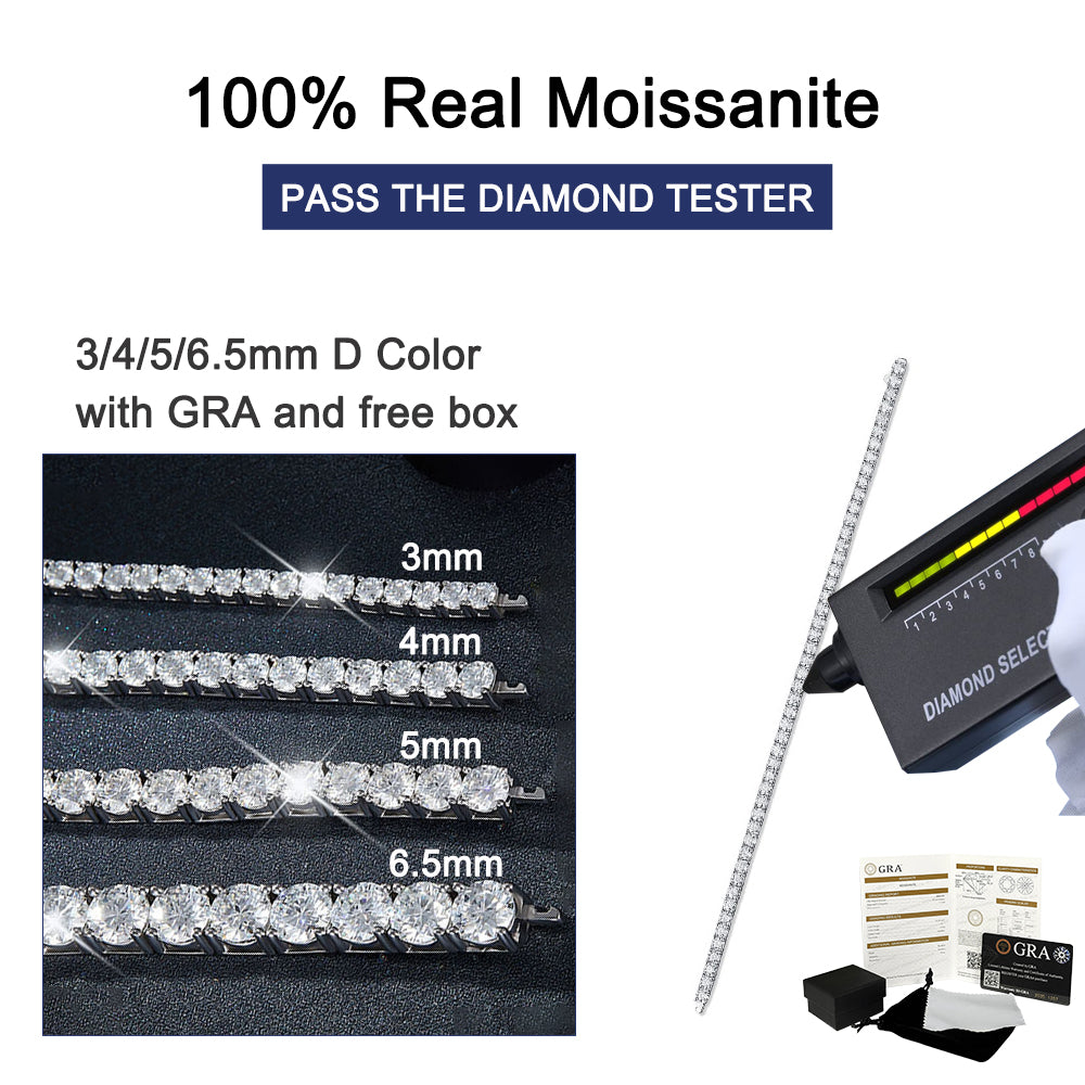 2-6.5mm Real Moissanite Tennis Bracelets for Women Man 925 Sterling Silver Plated White Gold Bracelet Sparkling Wedding Jewelry