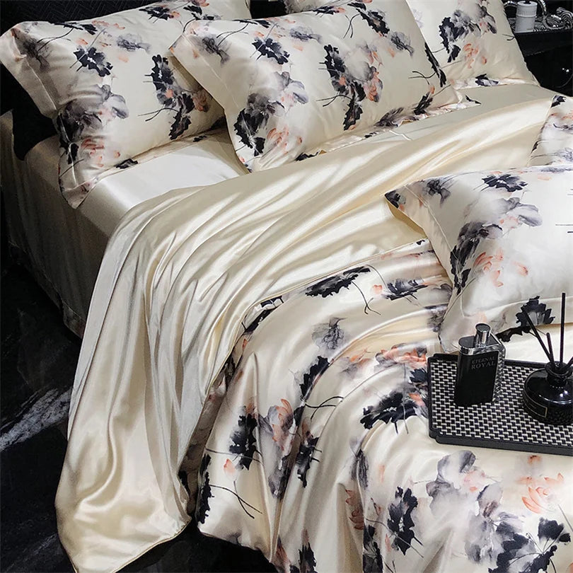 Floral Silk Bedding Set with Duvet Cover Bed Sheet Pillowcase Luxury Couple Single Double King Queen Soft Bedsheet Nordic Smooth