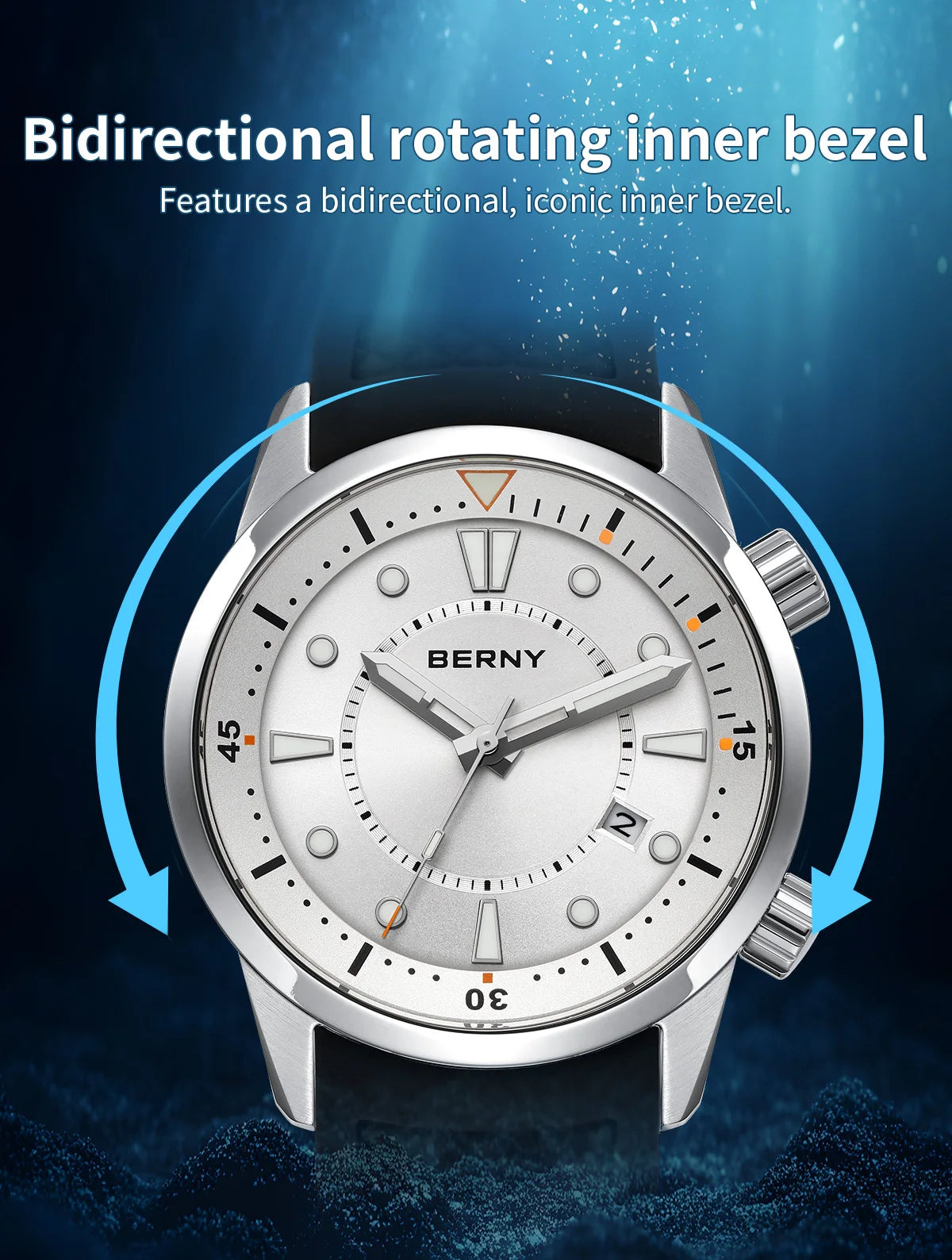 BERNY Automatic Diver Men Watch 200M Waterproof Miyota 8215 Sappire AR Coated Silicone Sports Swim Wristwatch Men's Diver Watch